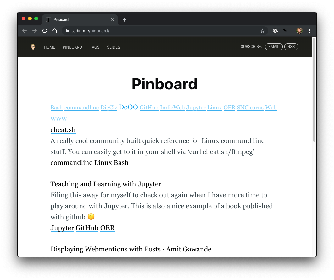screenshot of jadin.me/pinboard