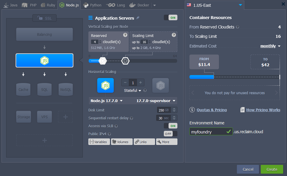 screenshot of a node environment in reclaim cloud