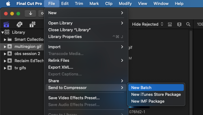 A screenshot of Final Cut Pro’s Filie menu