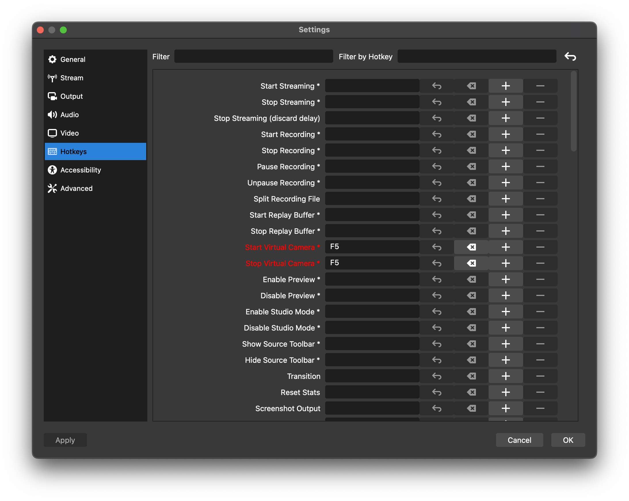 OBS’s Settings page under hotkeys