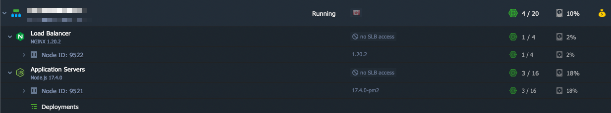 screenshot of an environment in reclaim cloud with an nginx load balancer, and node application server