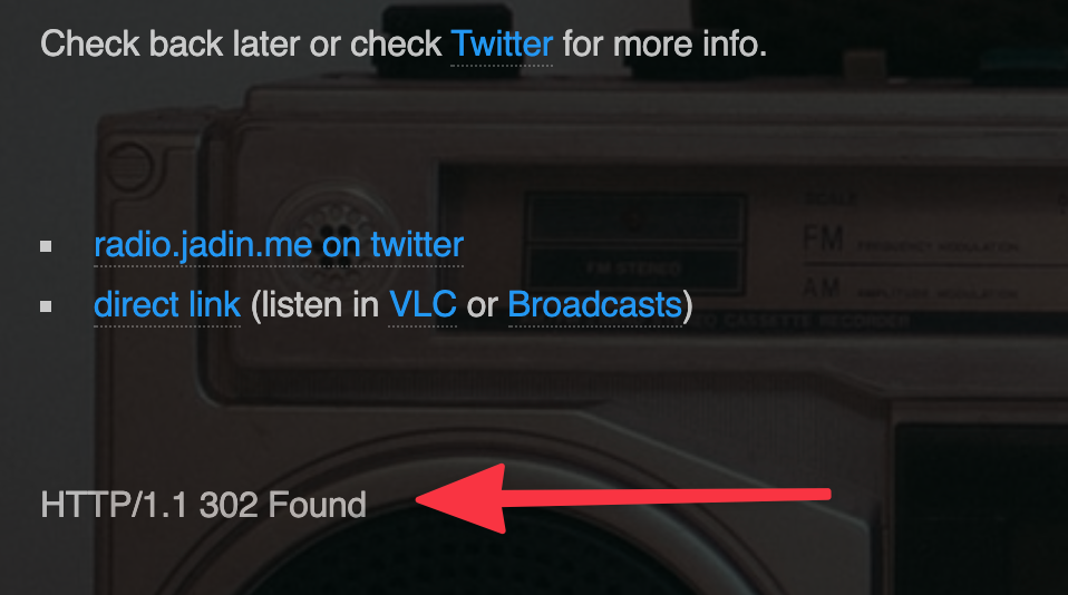 radio.jadin.me with an http status code at the bottom of the page