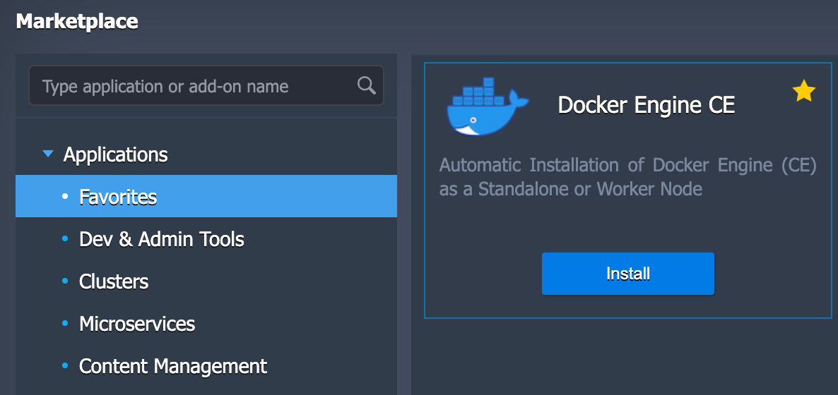 a screenshot of the reclaim.cloud marketplace, specifically the Docker Engine CE installer