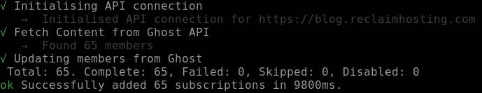 A screenshot of the terminal output of the gctools command. It sucesfully added 65 members!