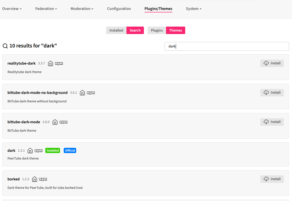 screenshot of themes in the peertube admin interface