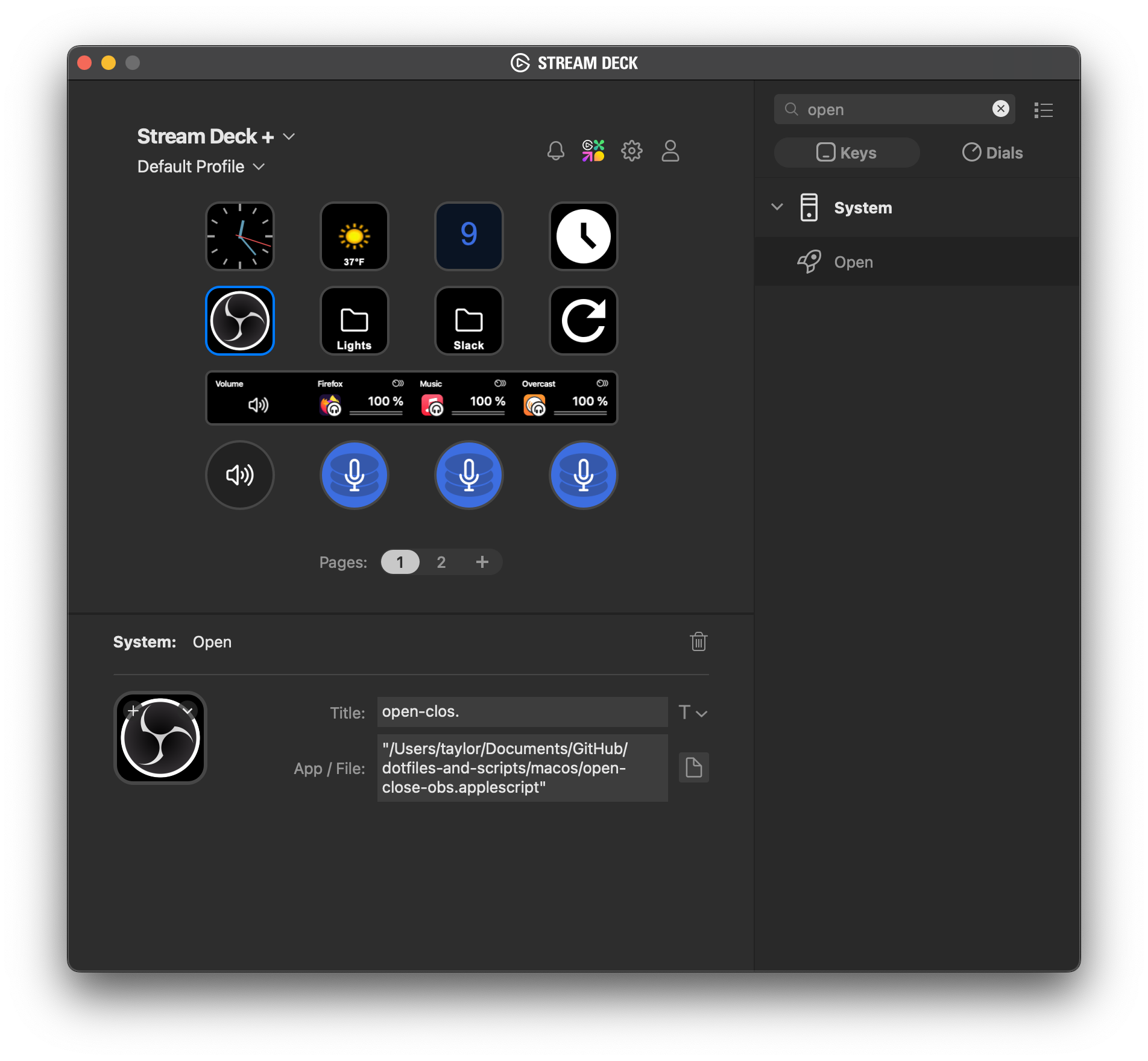 the stream deck configuration software with an OBS logo on one of the buttons