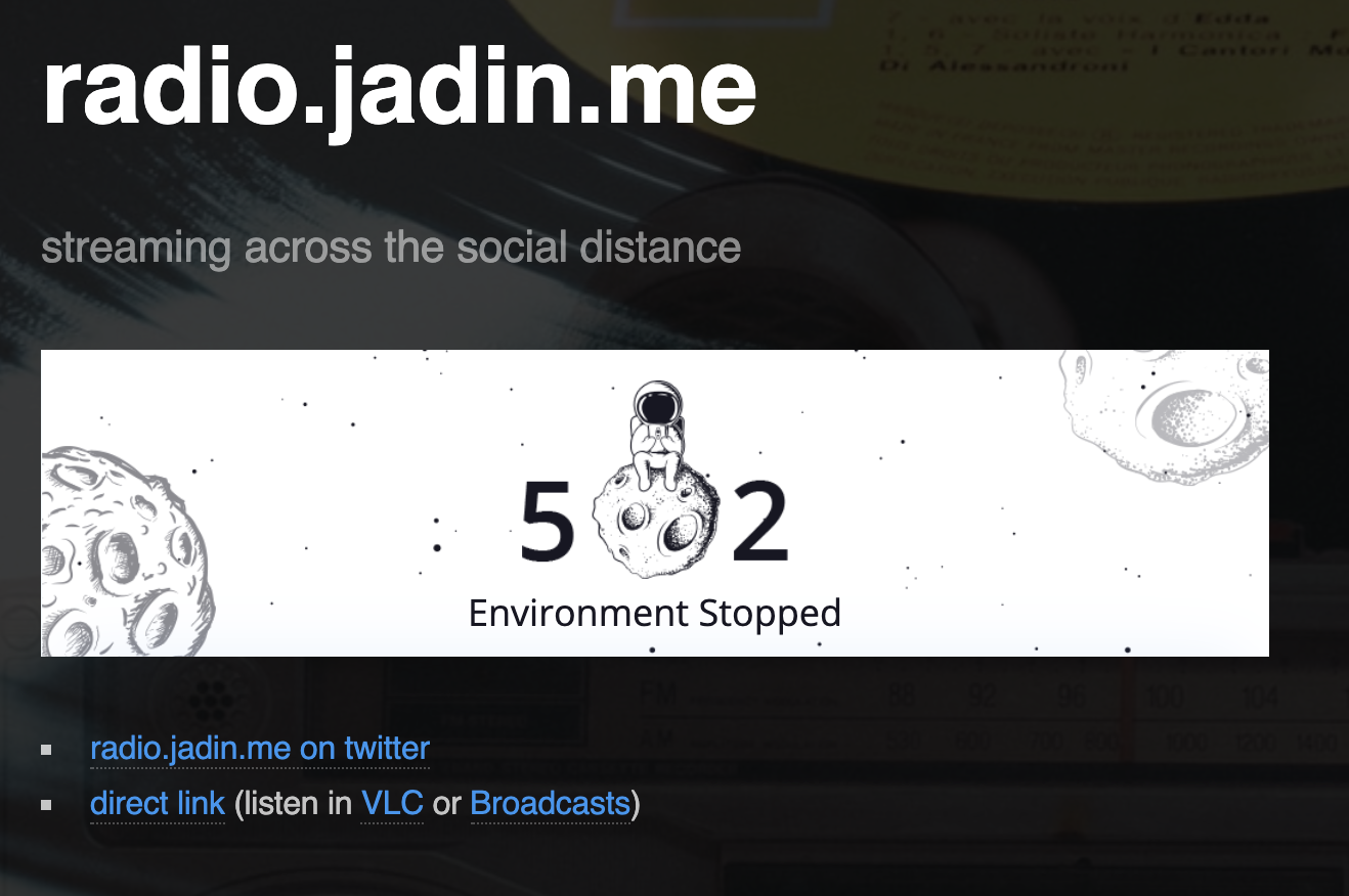 radio.jadin.me landing page with an error box in the middle